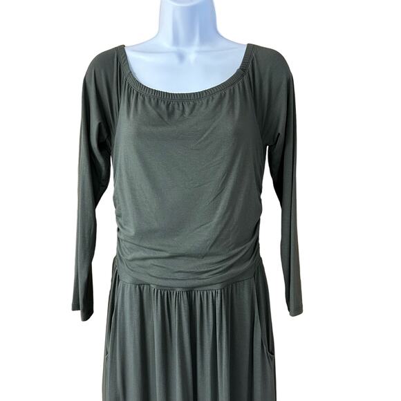 NWOT, Lascana Sz 8 Olive Green On Or Off Shoulder Dress With Pockets & Ruching - Picture 3 of 16